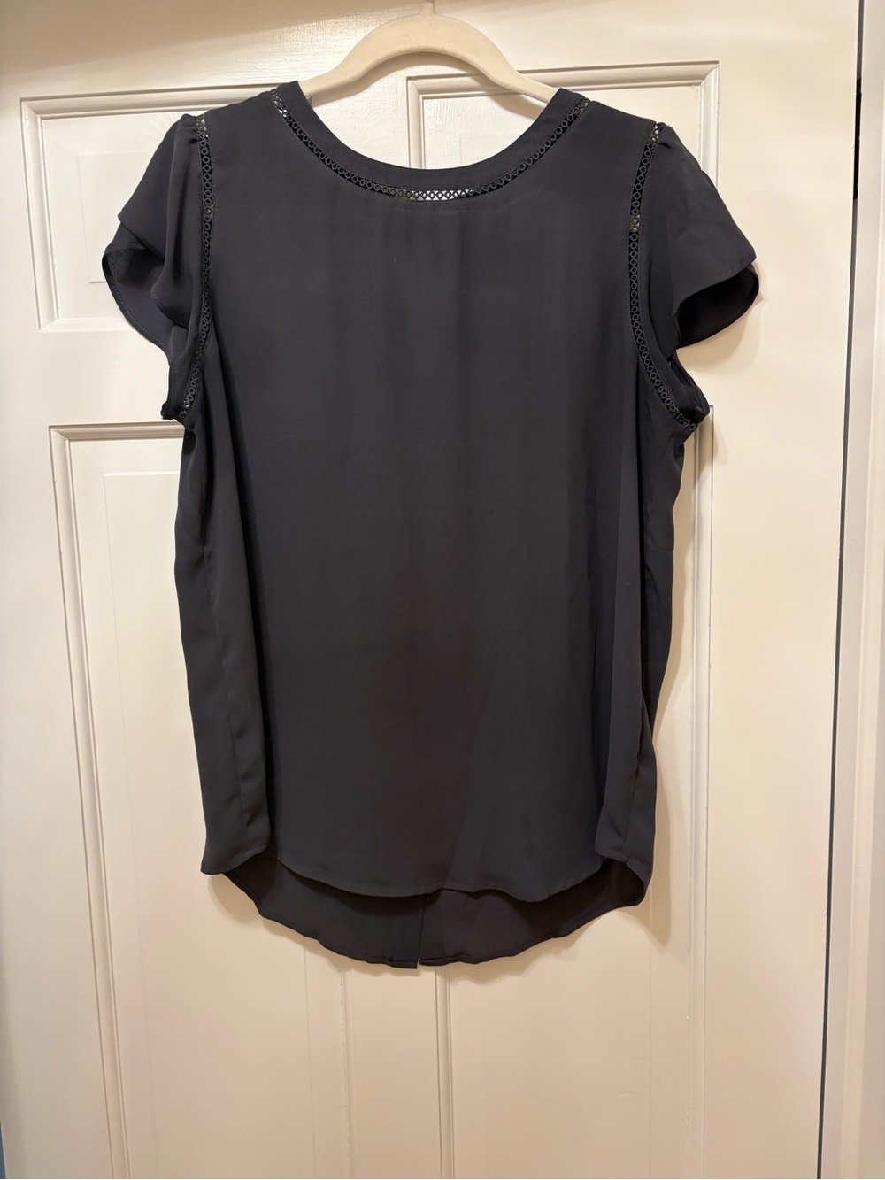 LOFT Black Short Sleeve Blouse with Eyelet Trim